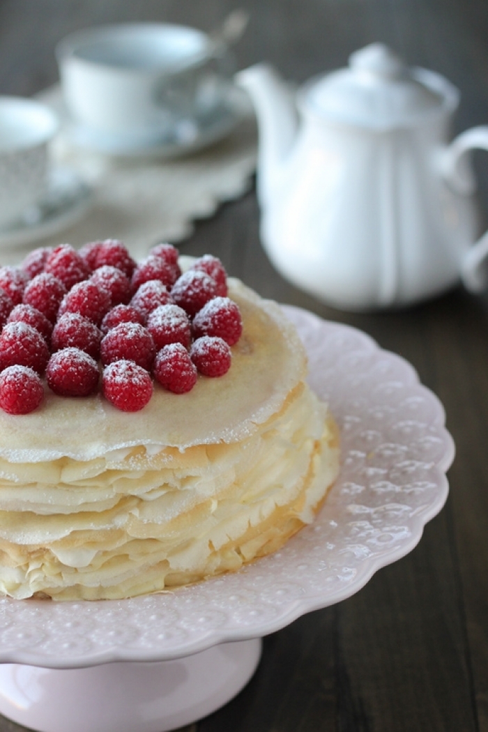 crêpe sucré - Recette Gateau Crêpe Crème pâtissière et Framboises